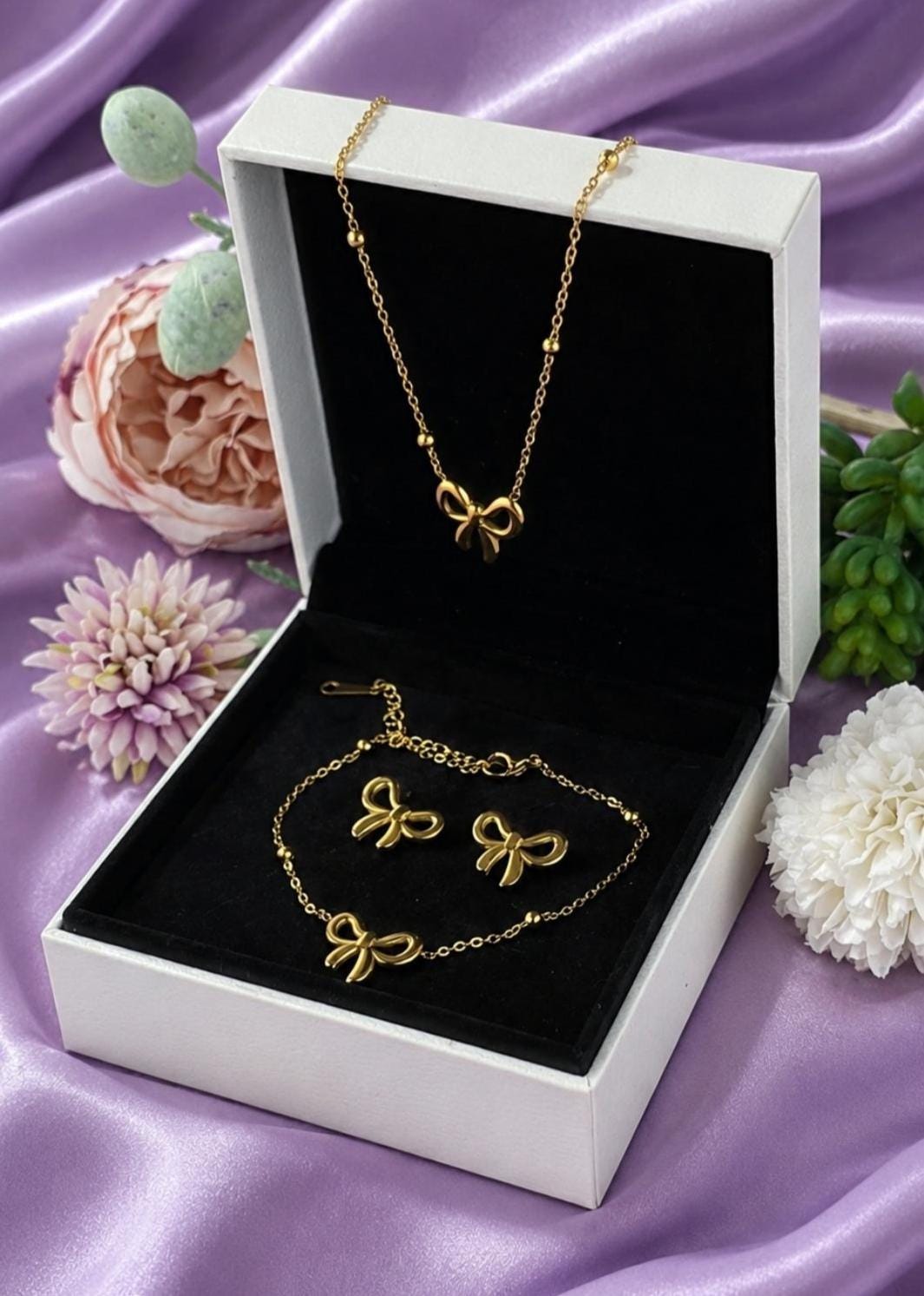 Gold Bow Jewelry Set Necklace Bracelet Earrings | 18K Plated Stainless Steel, Dainty Coquette Style