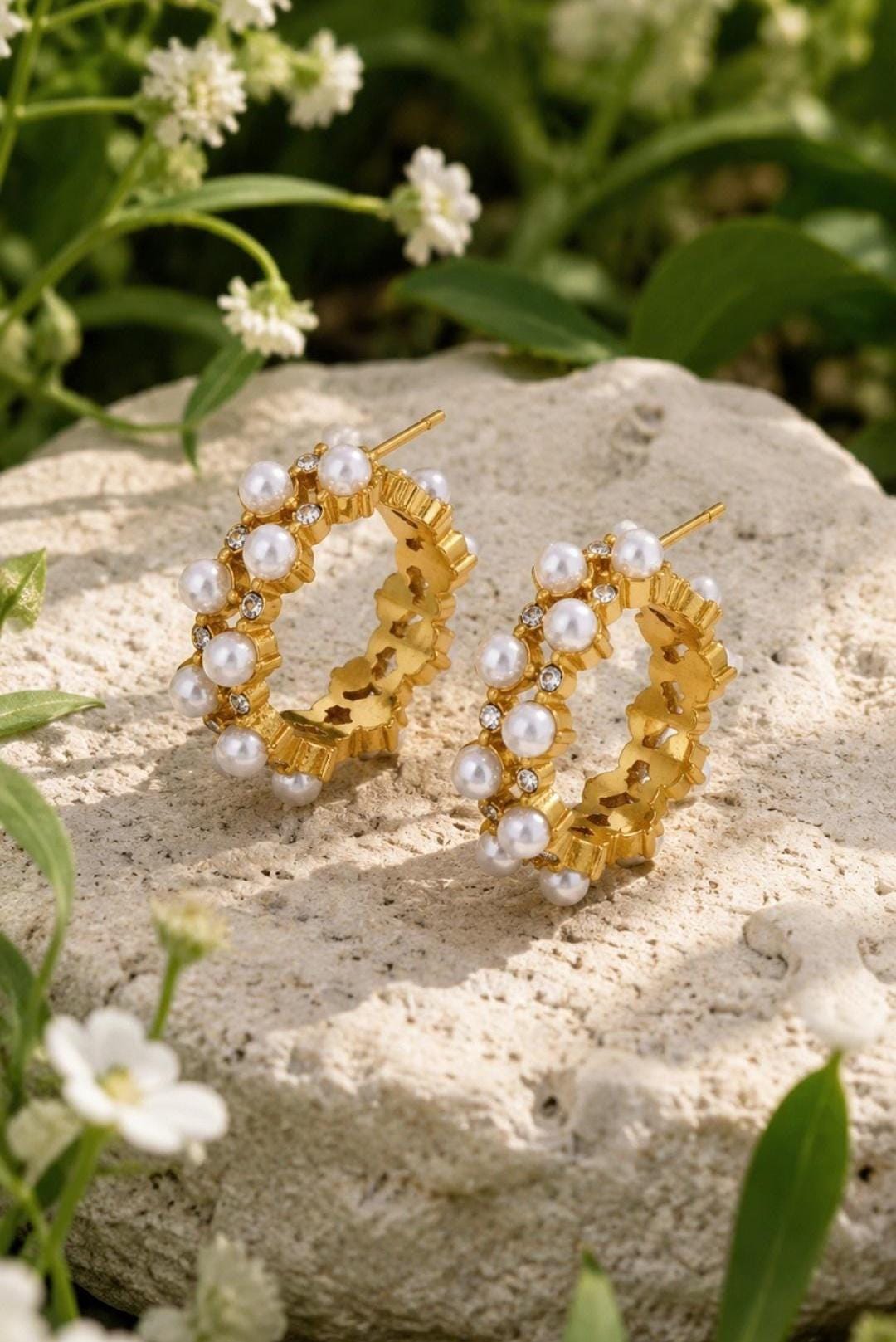 Pearl Hoop Earrings, Gold Crystal Hoops, Elegant Bridal Jewelry, Gift for Women