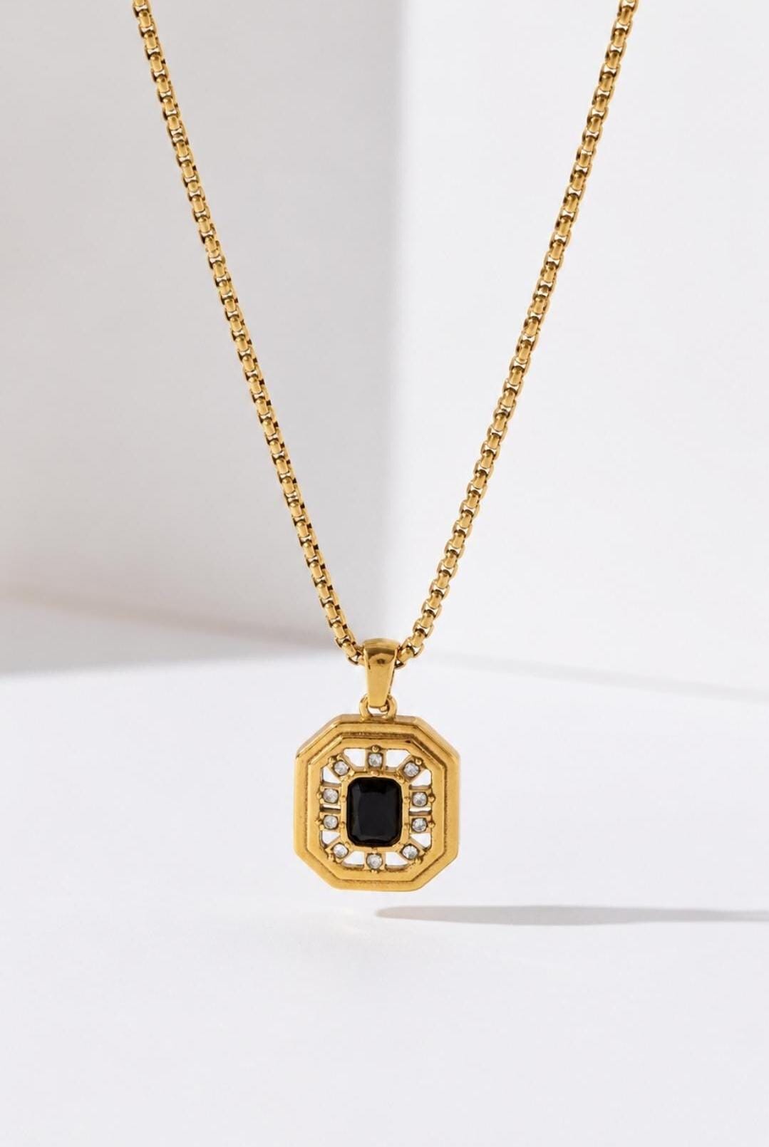 Gold Plated Octagonal Black Stone Pendant Necklace, Geometric Charm, Minimalist Jewelry