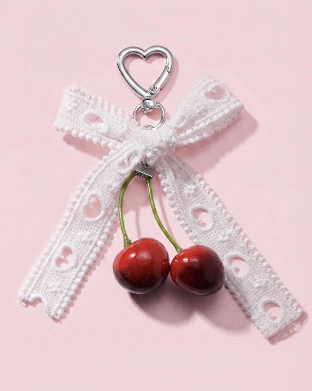 Cherry Keychain with Pearl Bow, Glossy Fruit Bag Charm, Kawaii Purse Accessory