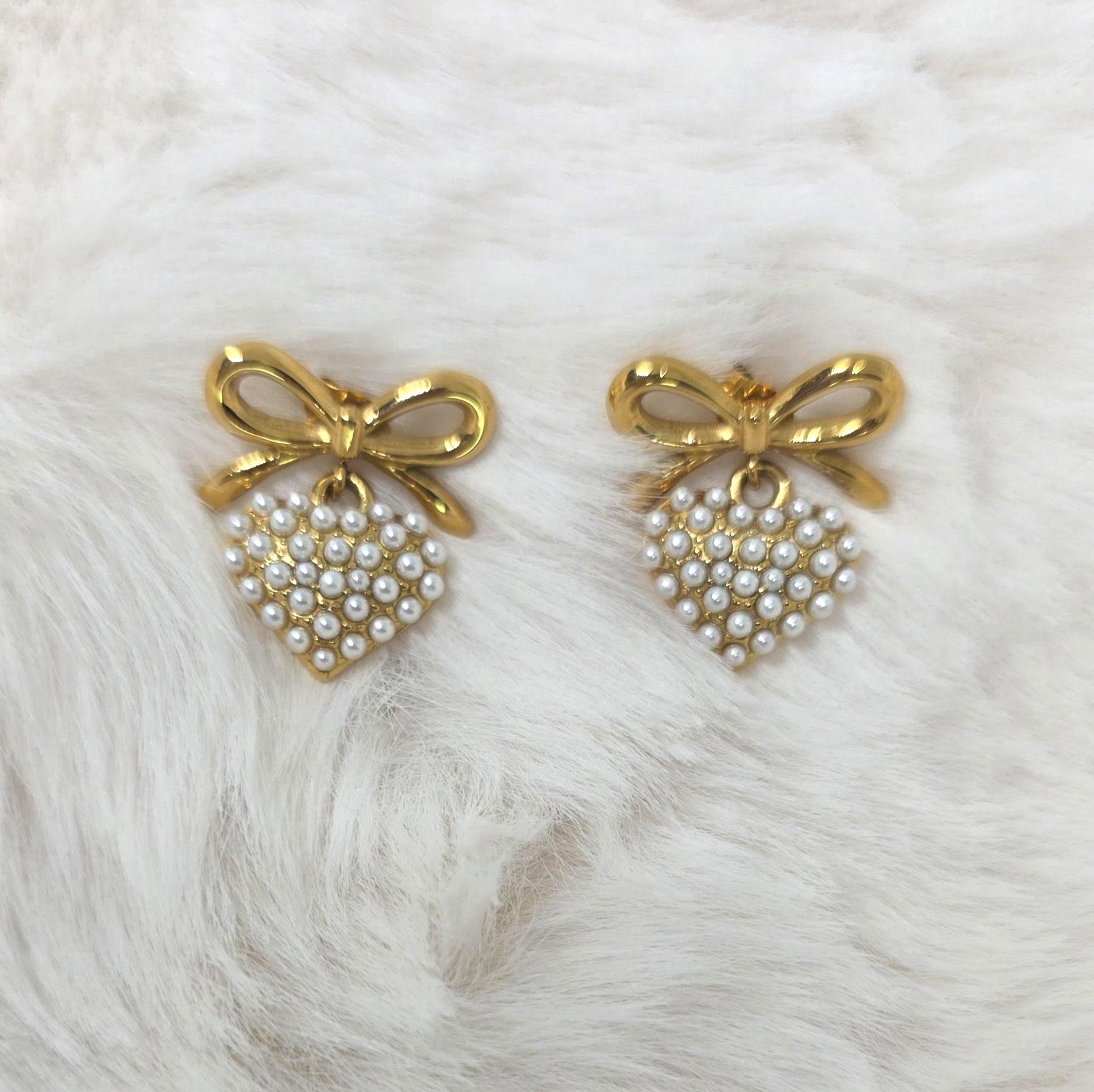 Gold Bow Heart Pearl Earrings, 18k Plated Stainless Steel, Coquette ,Romantic Jewelry