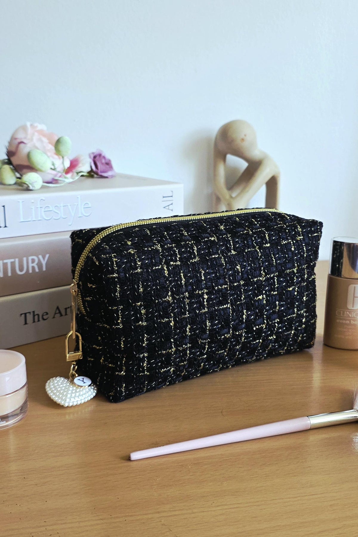 Textured Woven Cosmetic Bag, Gold Accents, Black White Makeup Pouch