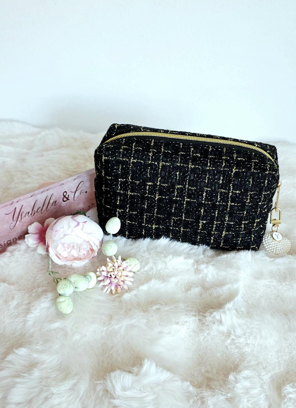 Textured Woven Cosmetic Bag, Gold Accents, Black White Makeup Pouch