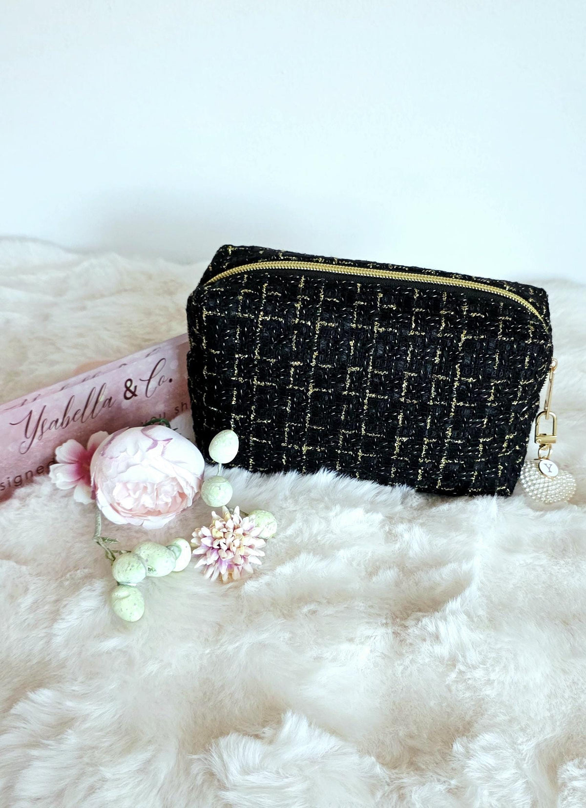 Textured Woven Cosmetic Bag, Gold Accents, Black White Makeup Pouch