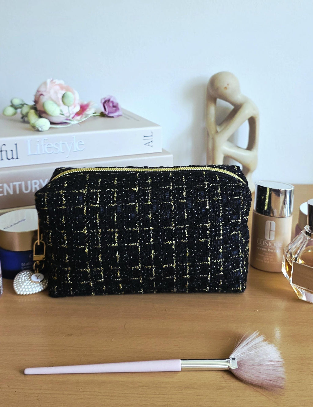 Textured Woven Cosmetic Bag, Gold Accents, Black White Makeup Pouch