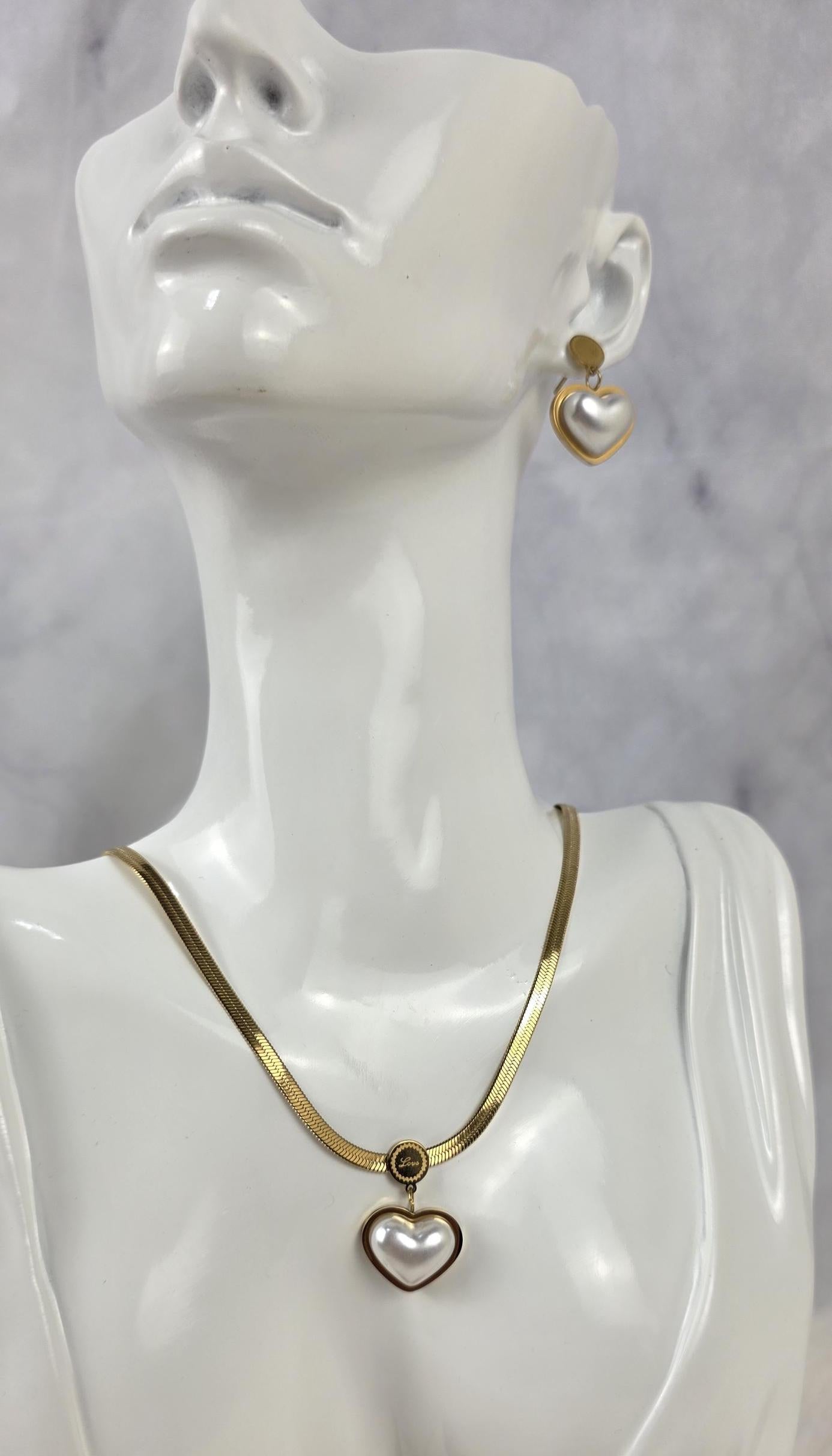 Pearl Heart Necklace Earrings Set | 18K Gold Plated Dainty Jewelry