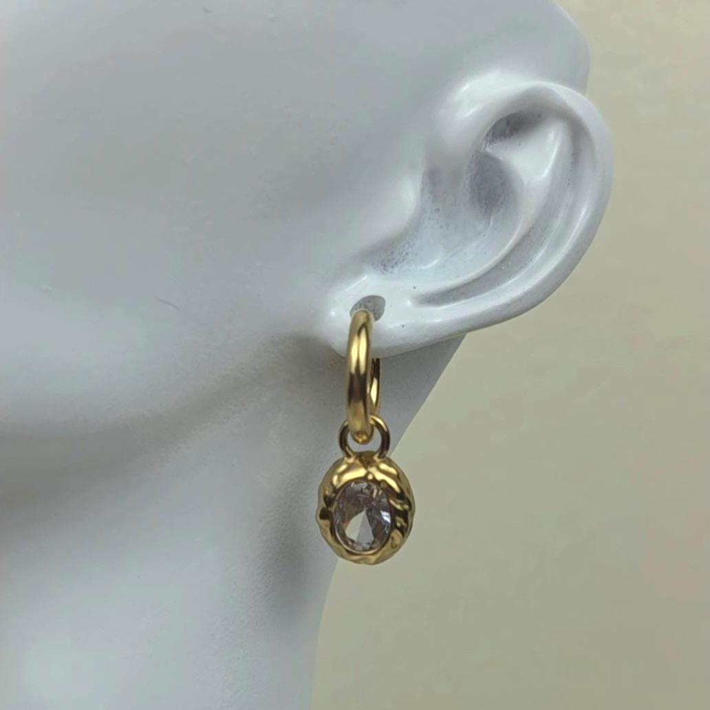 18K Gold Plated Oval Crystal Drop Earrings | Vintage Style Dainty Hoops
