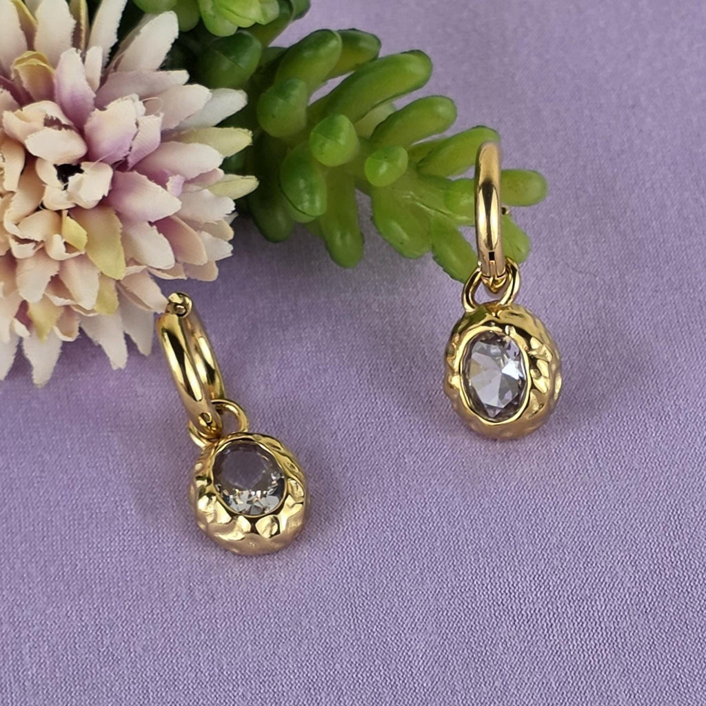 18K Gold Plated Oval Crystal Drop Earrings | Vintage Style Dainty Hoops