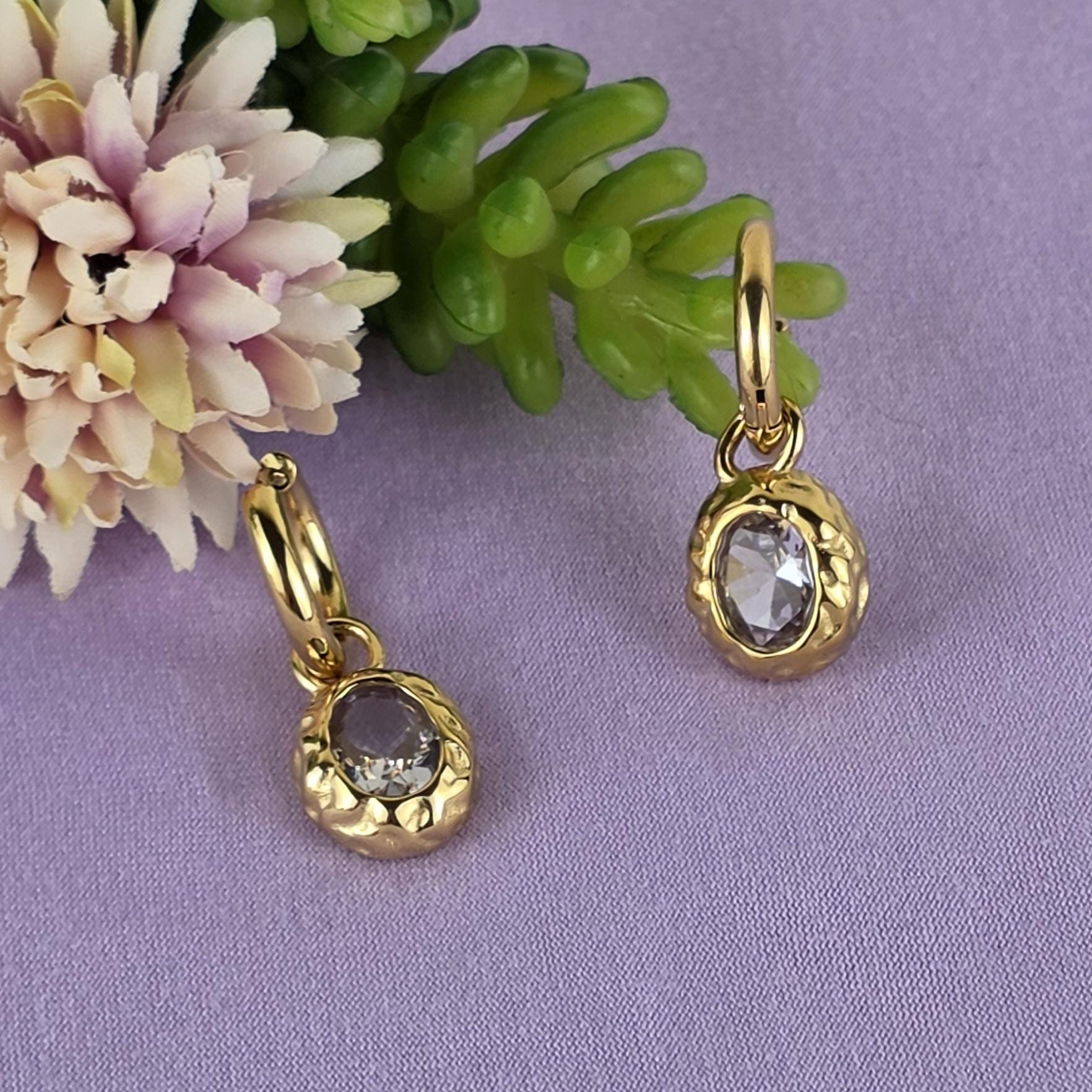 18K Gold Plated Oval Crystal Drop Earrings | Vintage Style Dainty Hoops