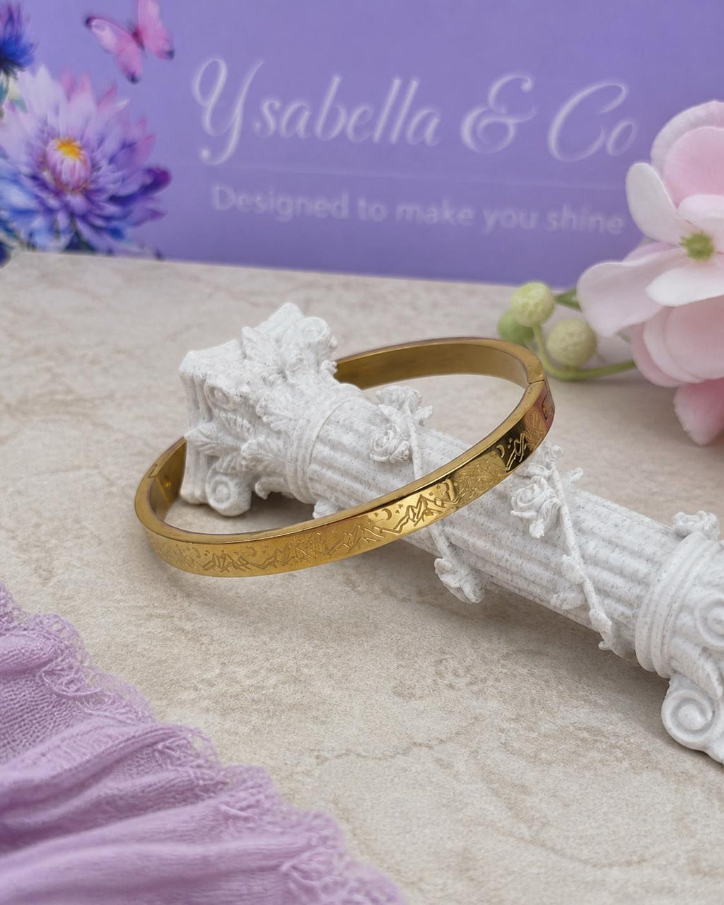 18K Gold Plated Engraved Cuff Bangle Bracelet – Stainless Steel, Hypoallergenic, Tarnish Resistant