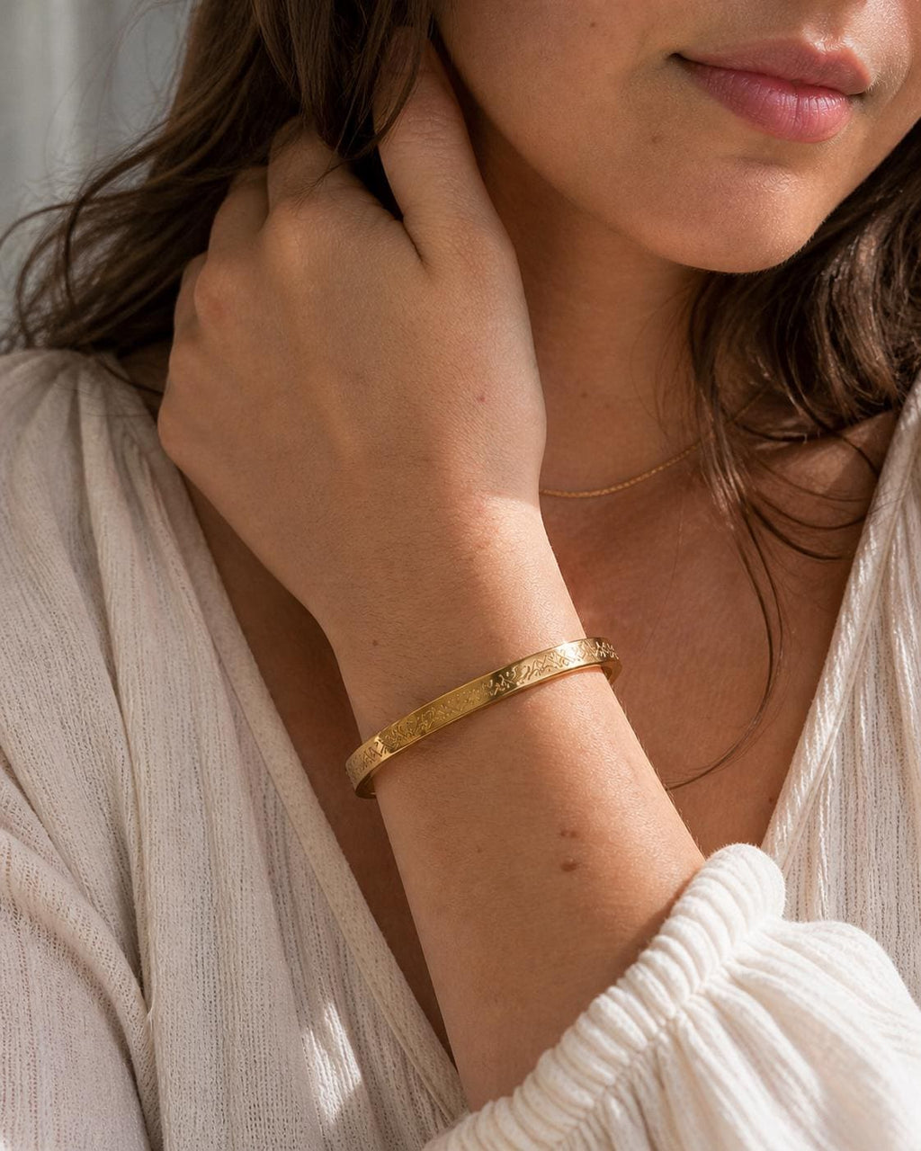 18K Gold Plated Engraved Cuff Bangle Bracelet – Stainless Steel, Hypoallergenic, Tarnish Resistant