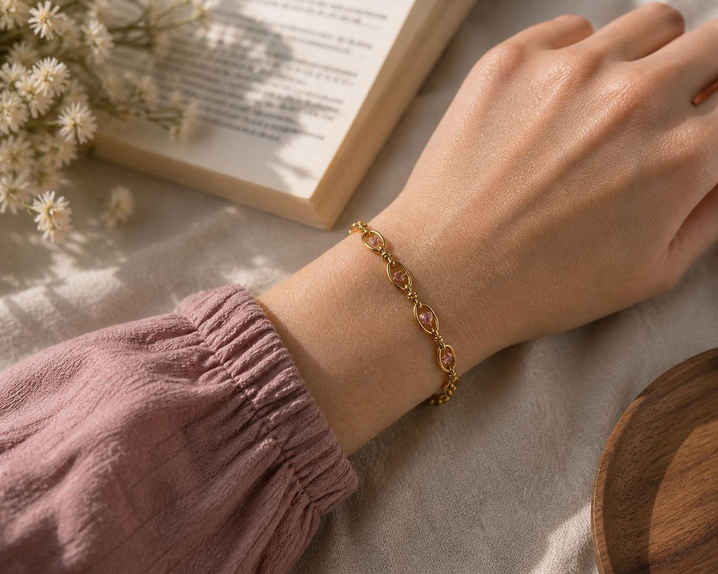 18K Gold Plated Pink Stone Chain Bracelet – Stainless Steel Dainty Jewelry