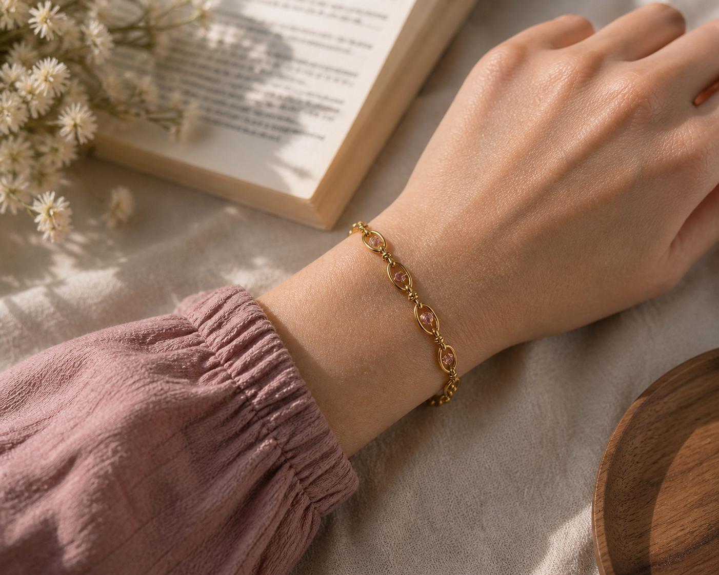 18K Gold Plated Pink Stone Chain Bracelet – Stainless Steel Dainty Jewelry