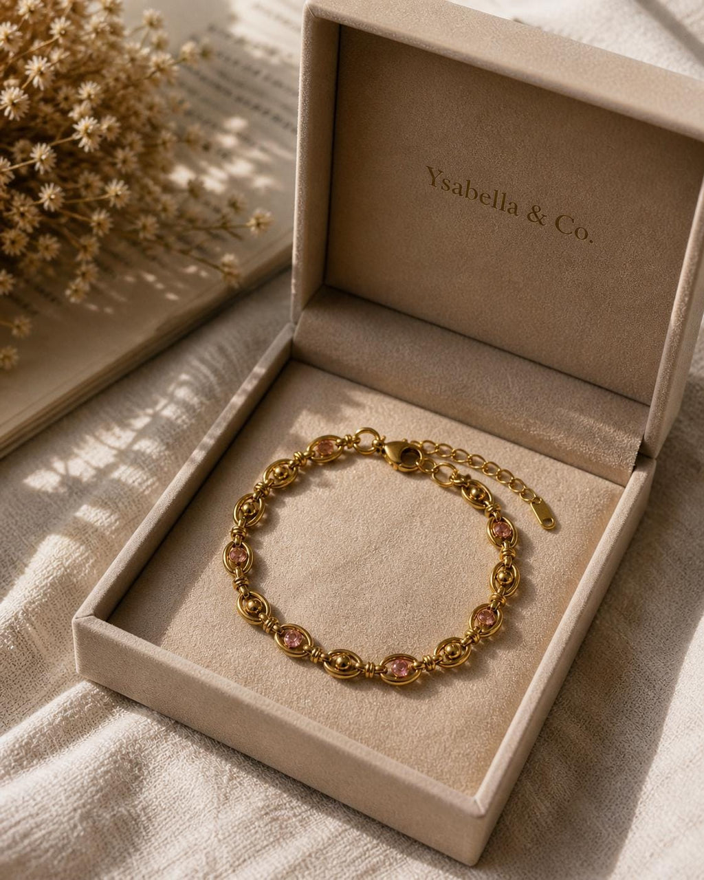 18K Gold Plated Pink Stone Chain Bracelet – Stainless Steel Dainty Jewelry