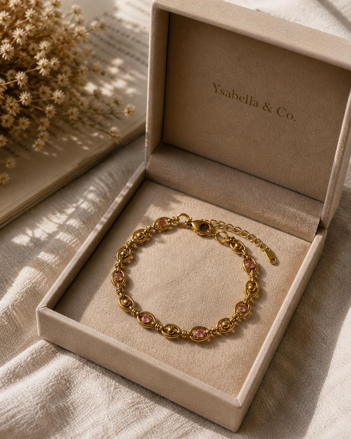 18K Gold Plated Pink Stone Chain Bracelet – Stainless Steel Dainty Jewelry