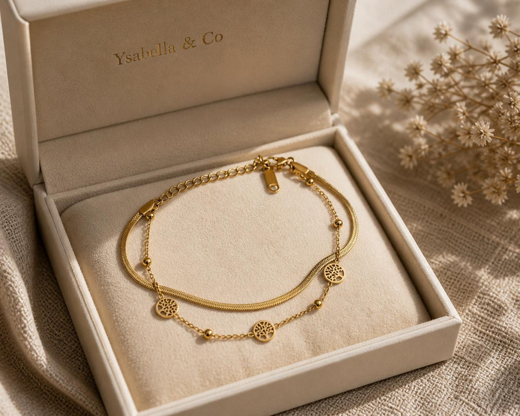 18K Gold Plated Tree of Life Bracelet, Stainless Steel Double Chain Dainty Layered Jewelry