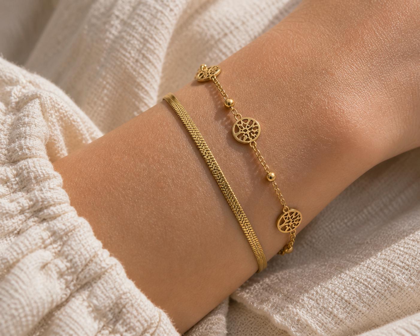 18K Gold Plated Tree of Life Bracelet, Stainless Steel Double Chain Dainty Layered Jewelry