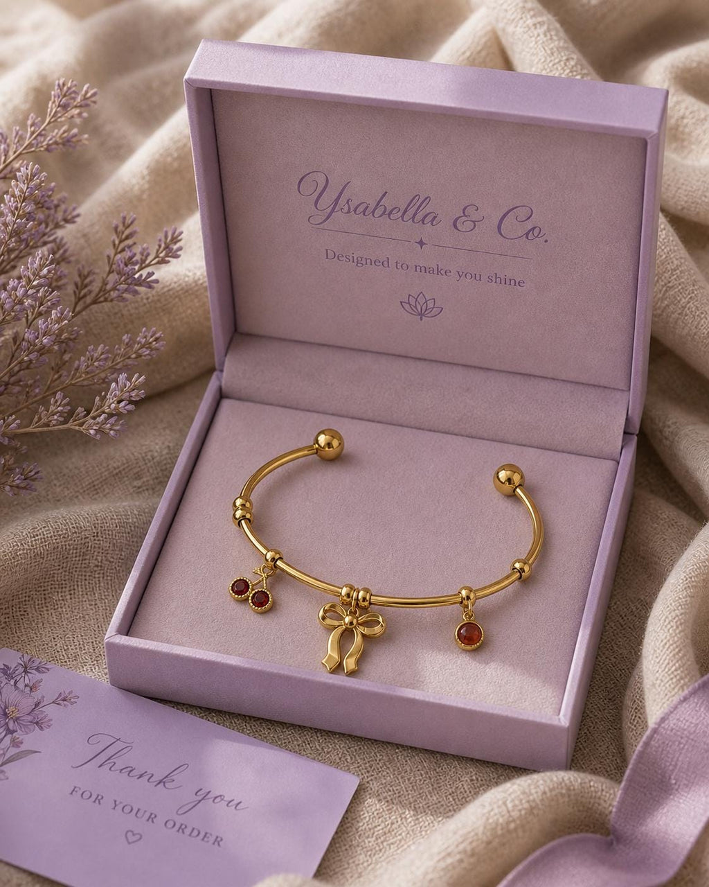 18K Gold Plated Stainless Steel Bow Cherry Charm Bracelet – Adjustable Bangle