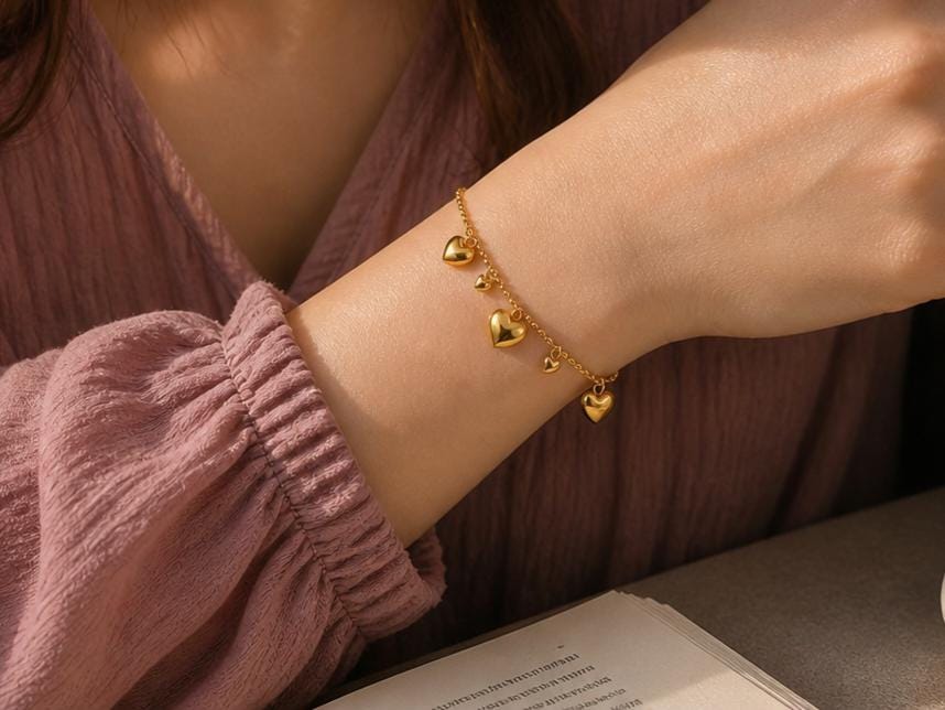 18K Gold Plated Heart Bracelet, Stainless Steel Dainty Chain, Minimalist Charm Jewelry