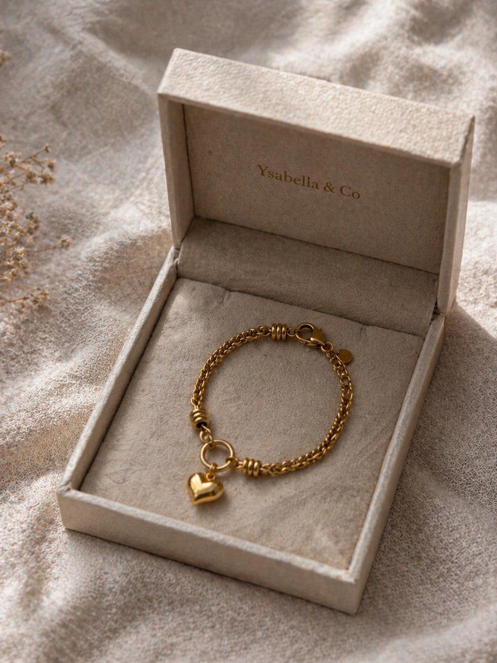 18K Gold Plated Heart Charm Bracelet, Stainless Steel Textured Chain, Adjustable Dainty Jewelry