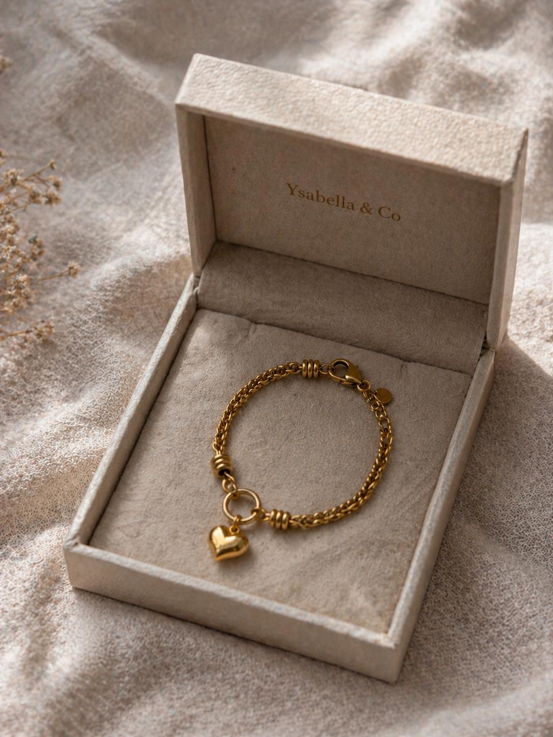 18K Gold Plated Heart Charm Bracelet, Stainless Steel Textured Chain, Adjustable Dainty Jewelry