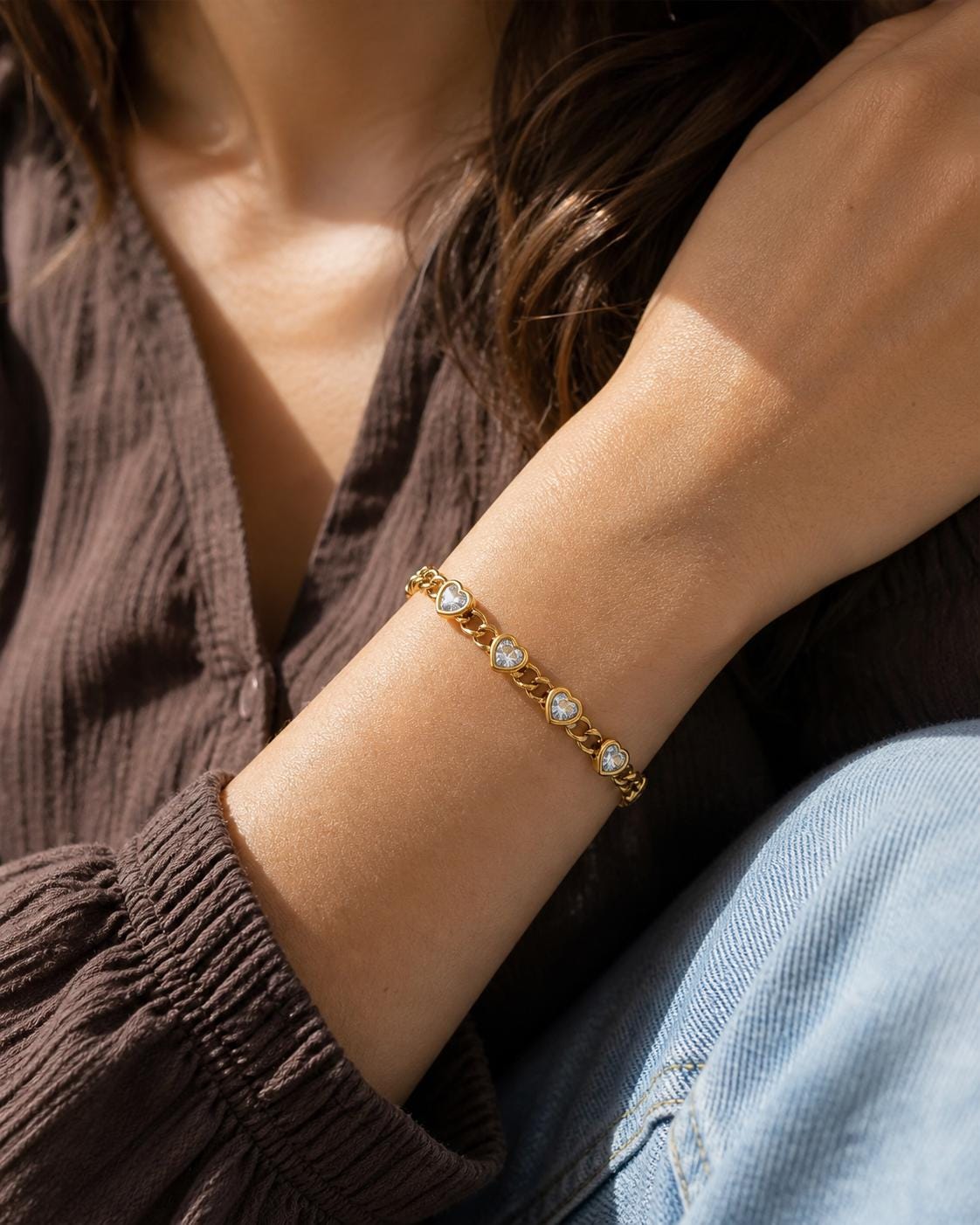 18K Gold Plated Heart Bracelet, Stainless Steel CZ Chain, Romantic Jewelry