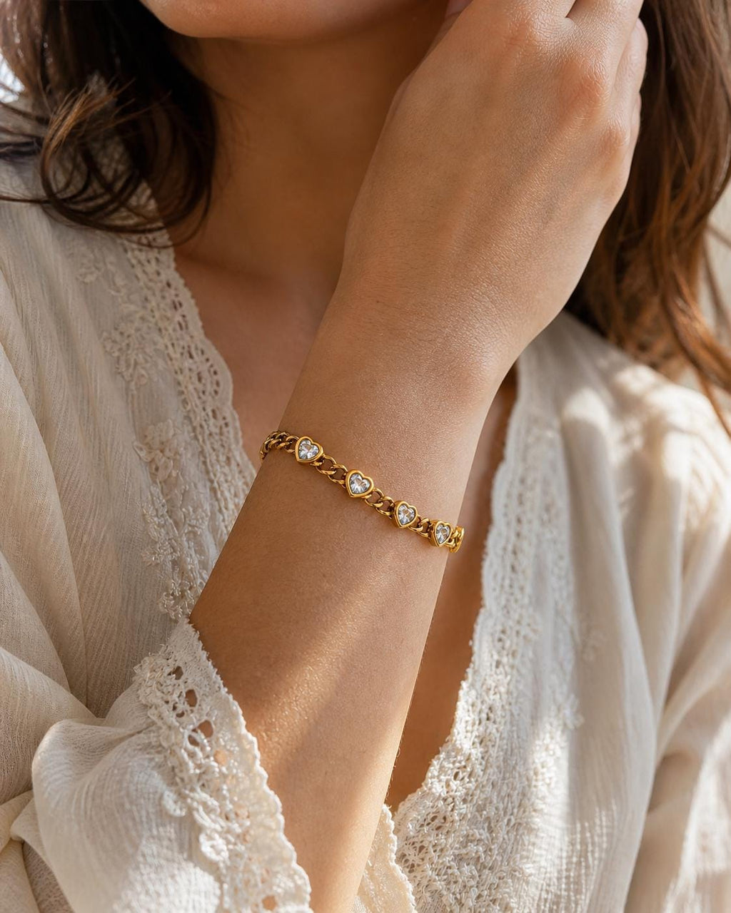 18K Gold Plated Heart Bracelet, Stainless Steel CZ Chain, Romantic Jewelry