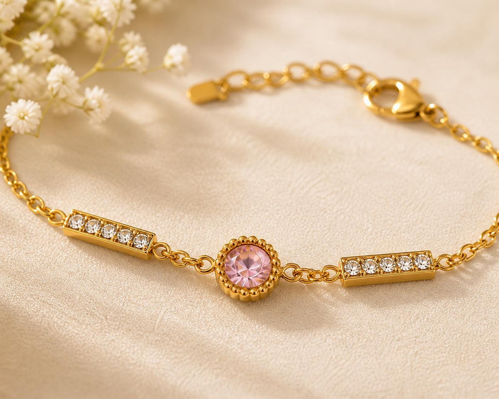 18K Gold Plated Pink CZ Bar Bracelet – Stainless Steel Chain Jewelry.Dainty Gift