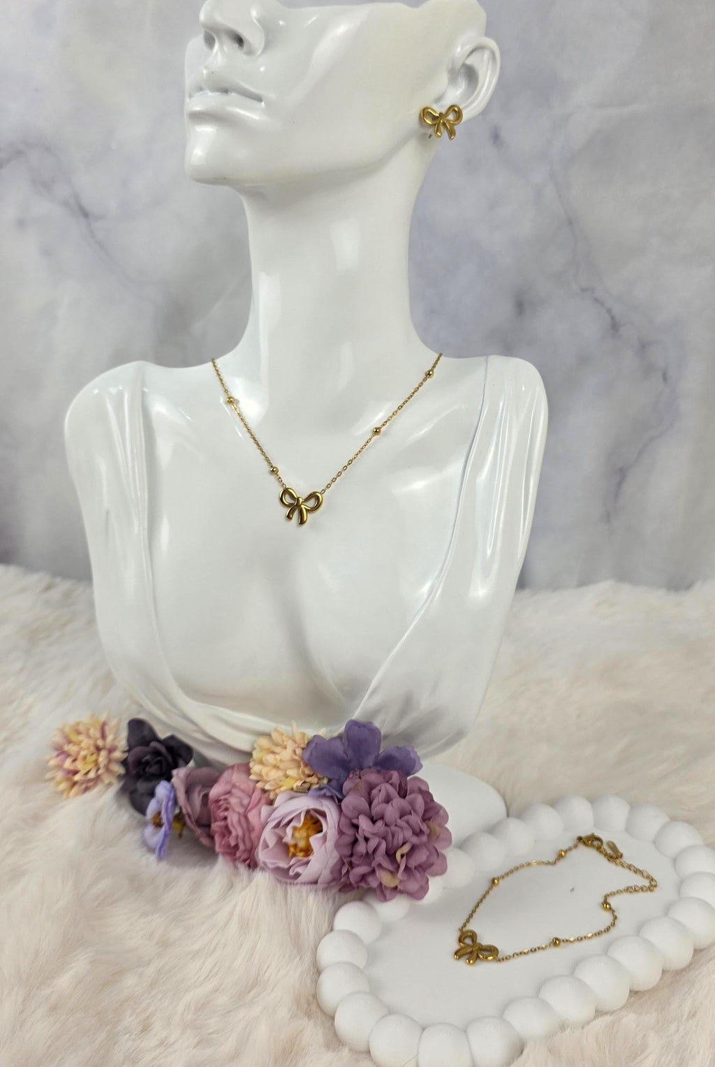 Gold Bow Jewelry Set Necklace Bracelet Earrings | 18K Plated Stainless Steel, Dainty Coquette Style