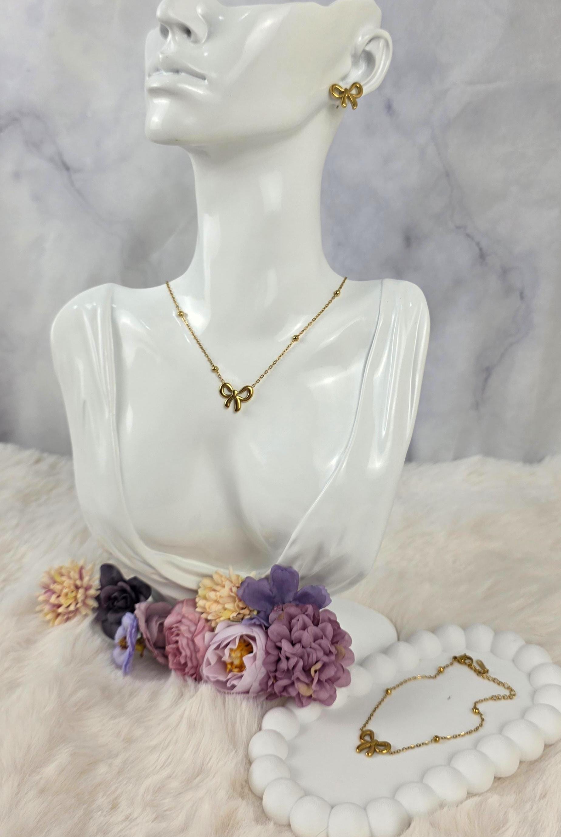 Gold Bow Jewelry Set Necklace Bracelet Earrings | 18K Plated Stainless Steel, Dainty Coquette Style