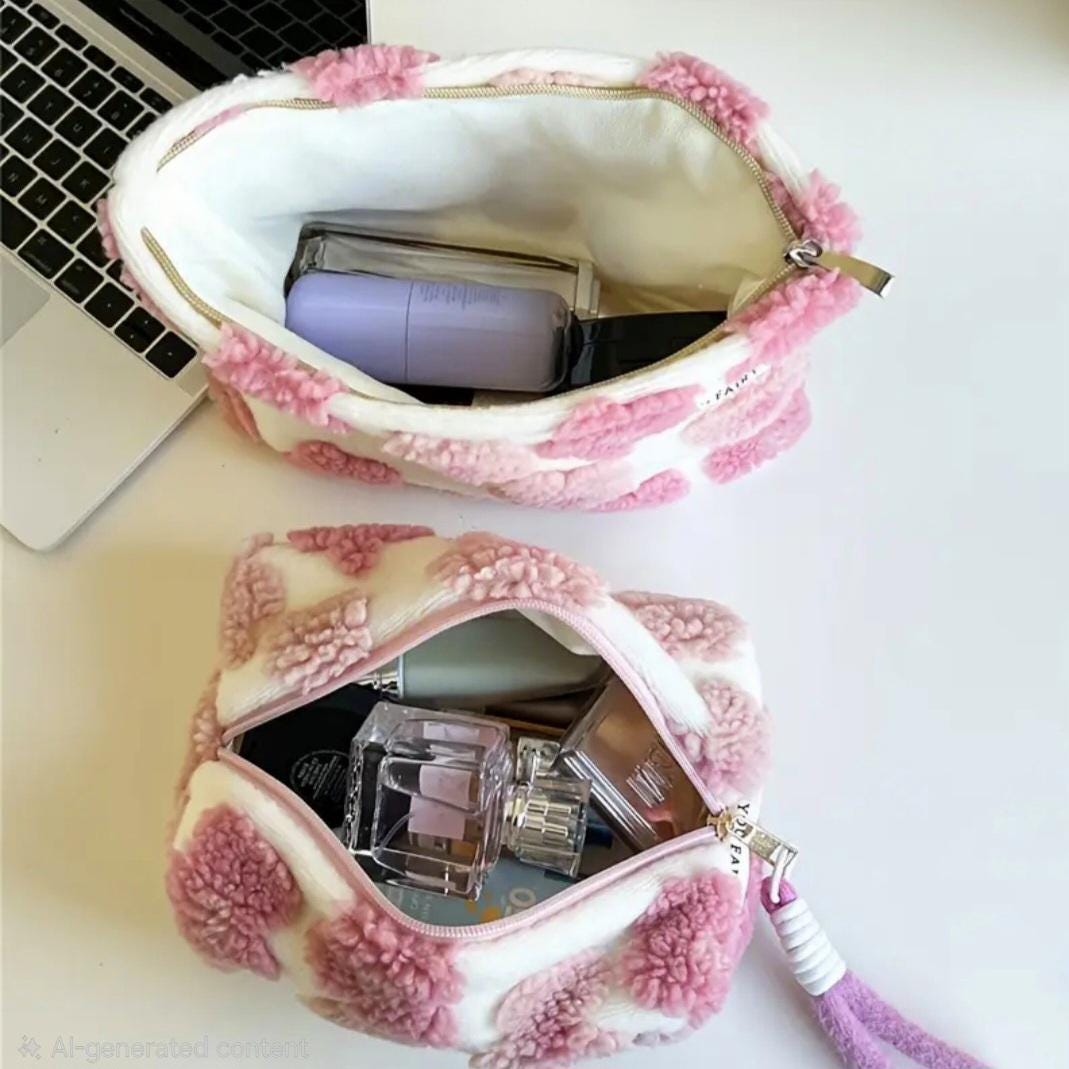 Images includes Two open, fluffy, white and pink cosmetic bags. The bags are filled with makeup and other beauty products. The bags have a zipper closure and a wrist strap. The bags are on a light-colored surface.