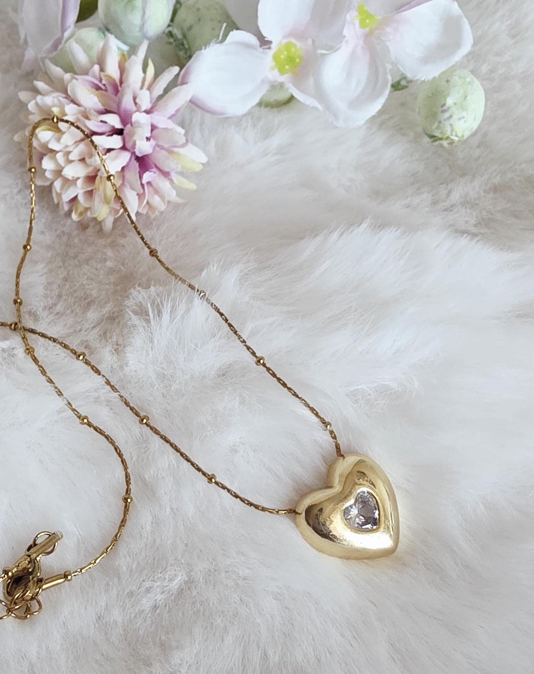 Gold Plated Heart Pendant Necklace, Cubic Zirconia, Tarnish Resistant Link Chain