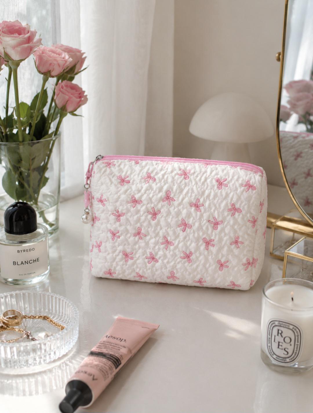 Coquette Quilted Makeup Bag, Travel essentials, Toiletry Cosmetic Pouch Organizer