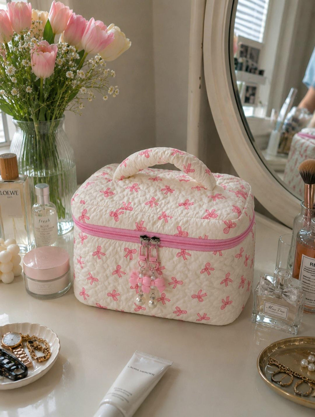 Coquette Quilted Makeup Bag, Travel essentials, Toiletry Cosmetic Pouch Organizer