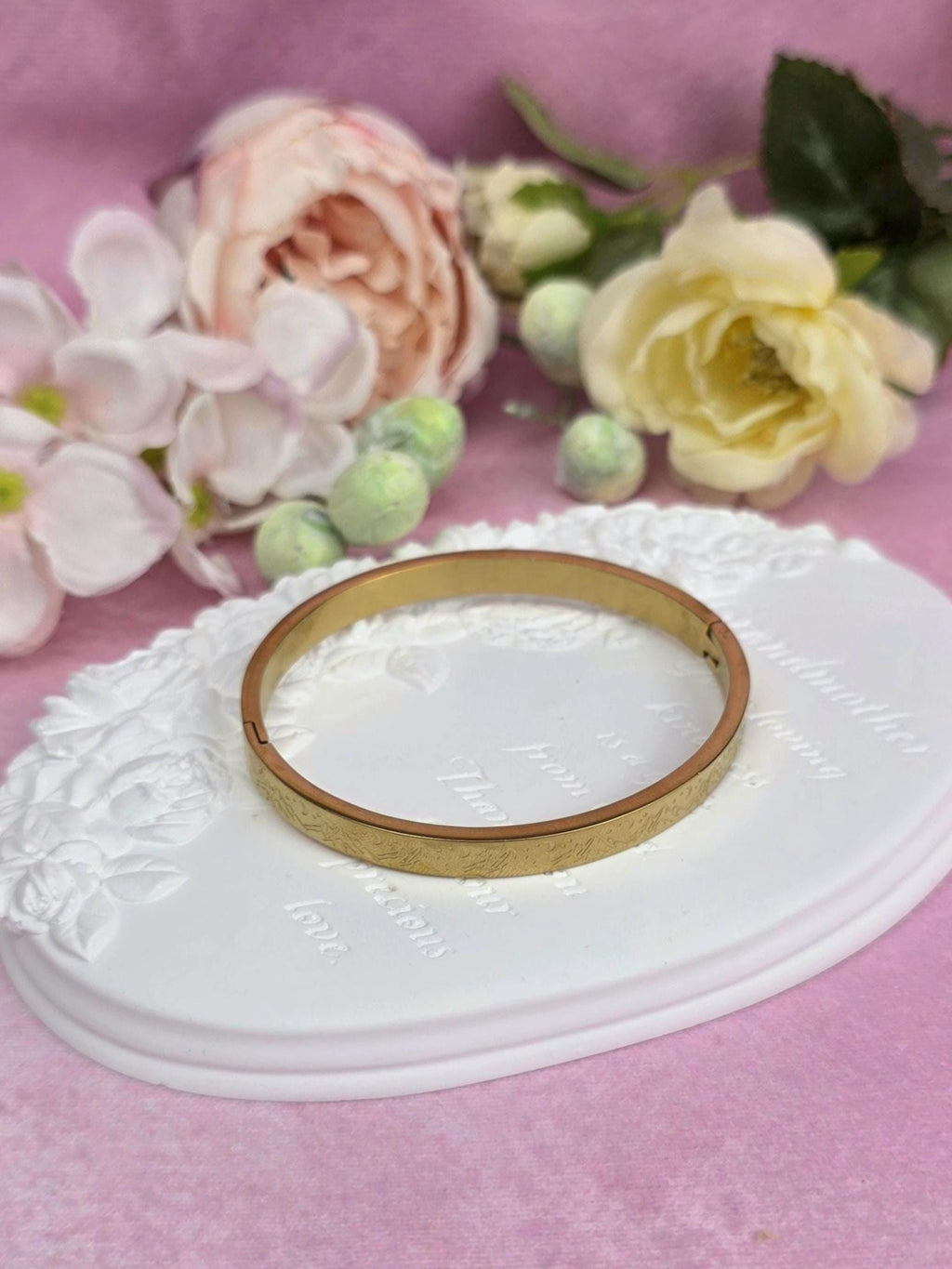 18K Gold Plated Engraved Cuff Bangle Bracelet – Stainless Steel, Hypoallergenic, Tarnish Resistant