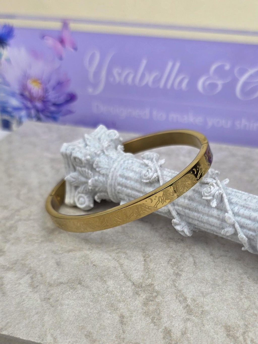 18K Gold Plated Engraved Cuff Bangle Bracelet – Stainless Steel, Hypoallergenic, Tarnish Resistant