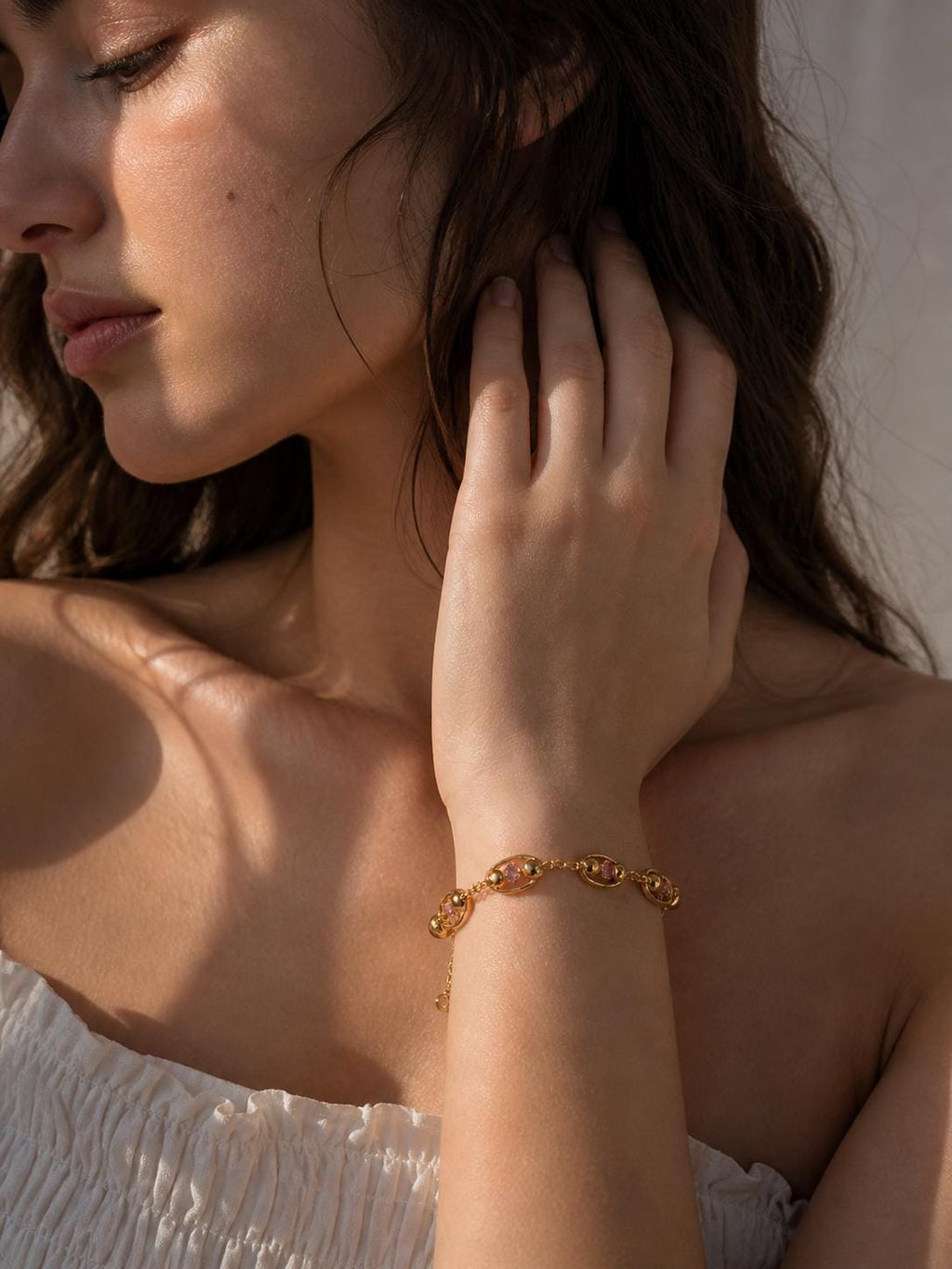 18K Gold Plated Pink Stone Chain Bracelet – Stainless Steel Dainty Jewelry