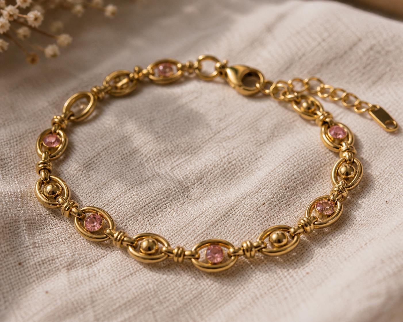 18K Gold Plated Pink Stone Chain Bracelet – Stainless Steel Dainty Jewelry