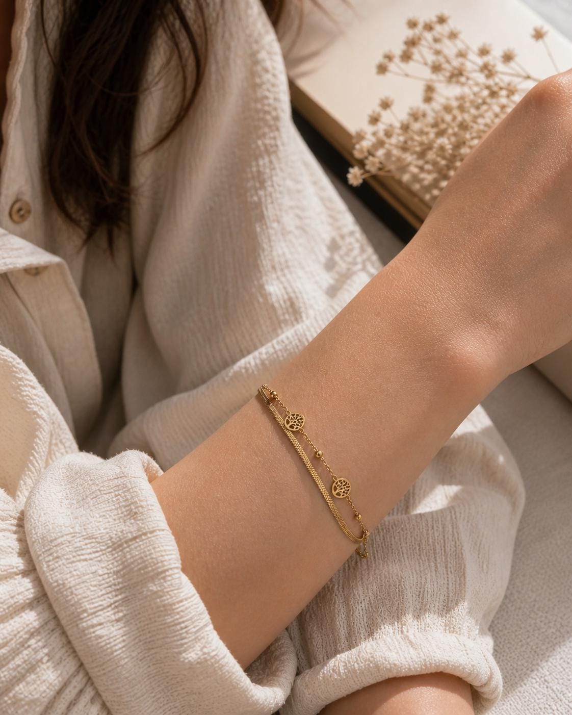 18K Gold Plated Tree of Life Bracelet, Stainless Steel Double Chain Dainty Layered Jewelry