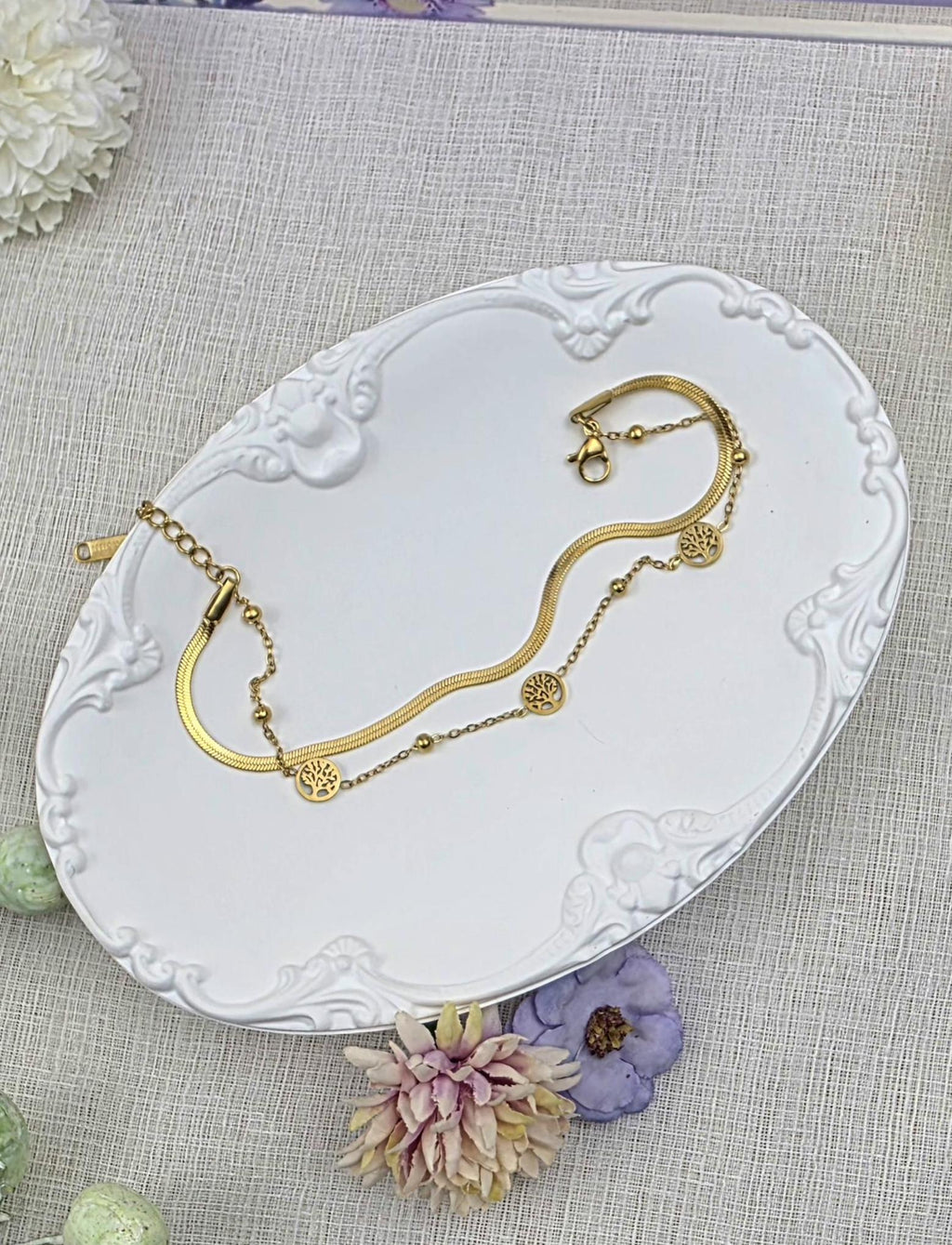 18K Gold Plated Tree of Life Bracelet, Stainless Steel Double Chain Dainty Layered Jewelry