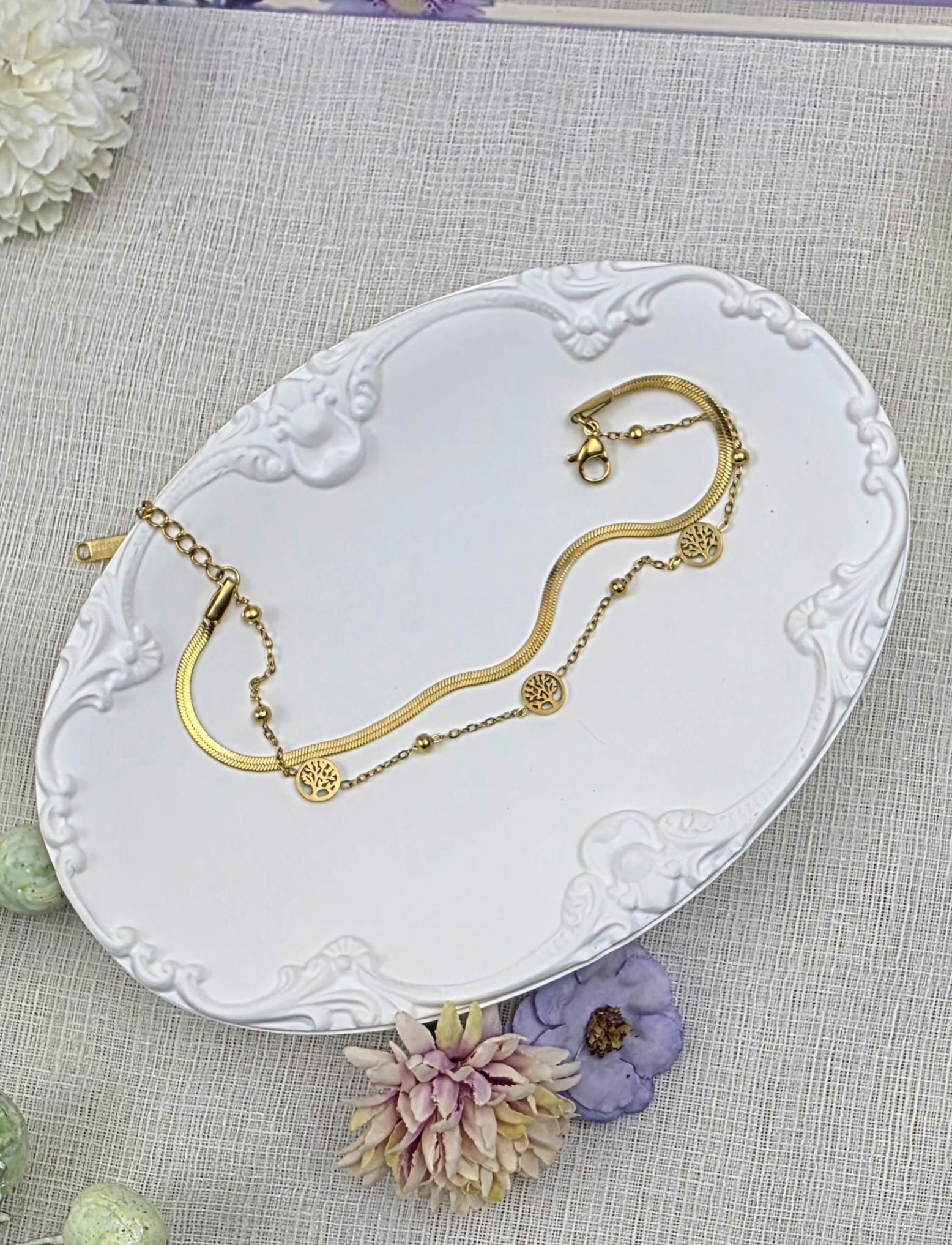 18K Gold Plated Tree of Life Bracelet, Stainless Steel Double Chain Dainty Layered Jewelry