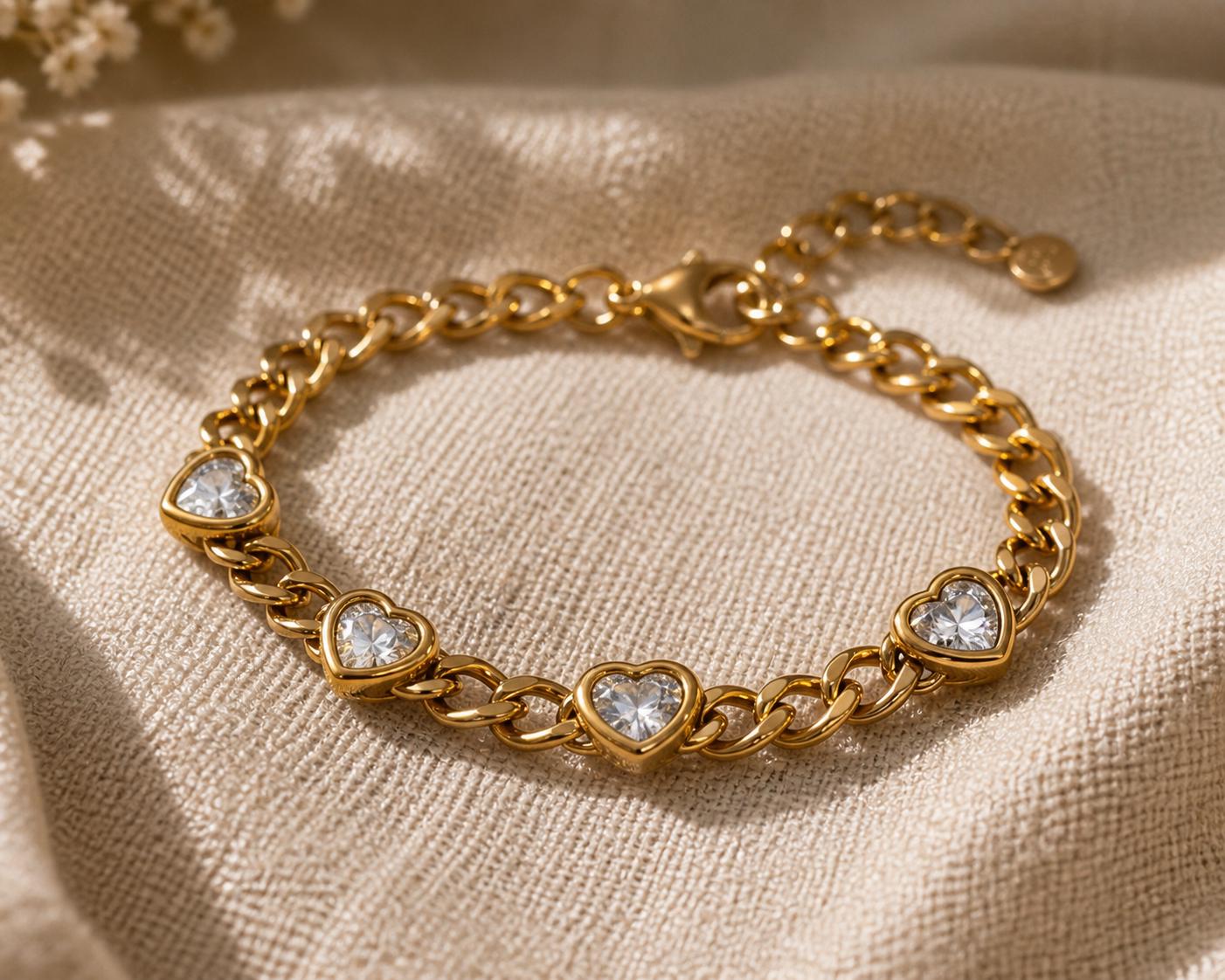 18K Gold Plated Heart Bracelet, Stainless Steel CZ Chain, Romantic Jewelry