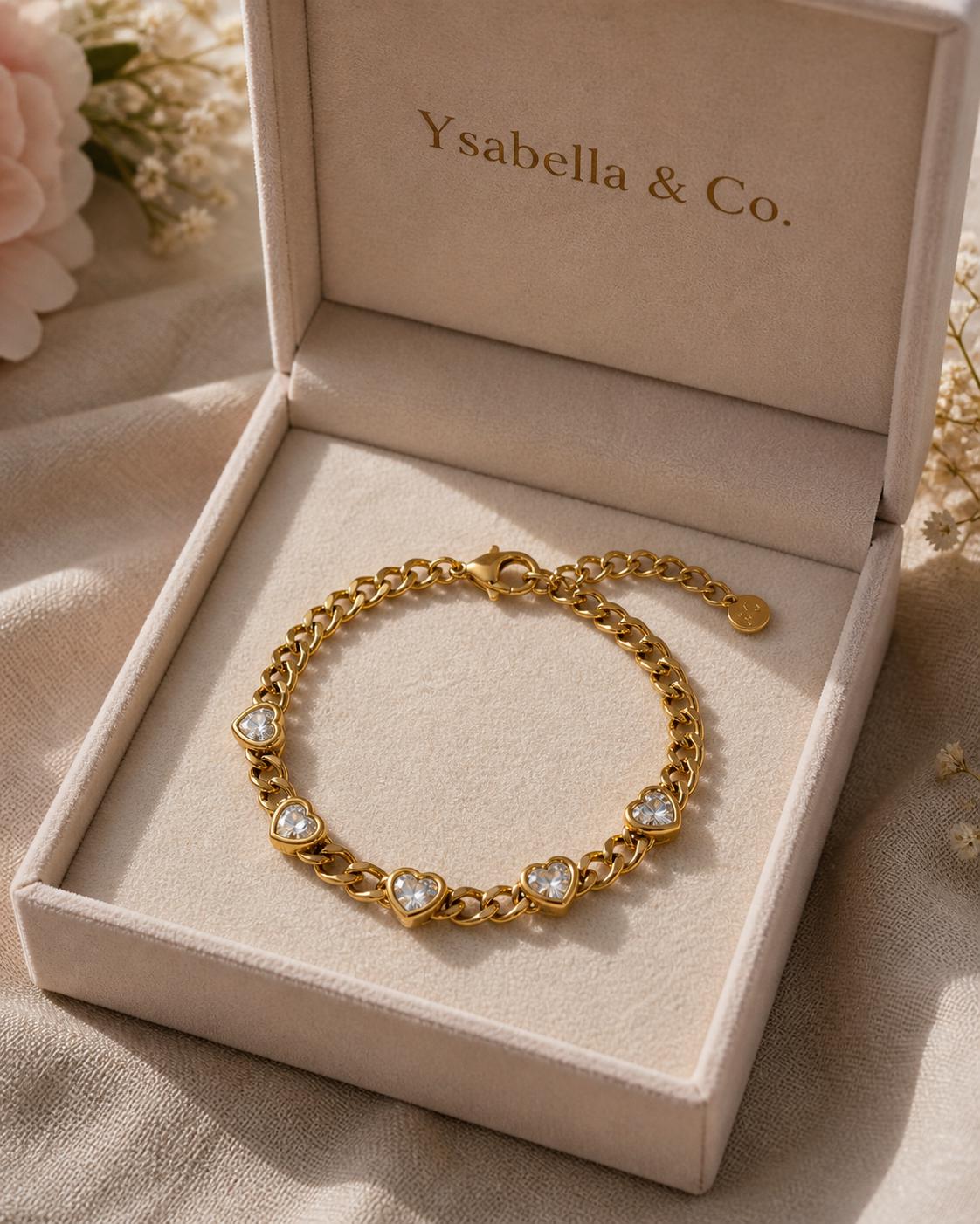 18K Gold Plated Heart Bracelet, Stainless Steel CZ Chain, Romantic Jewelry