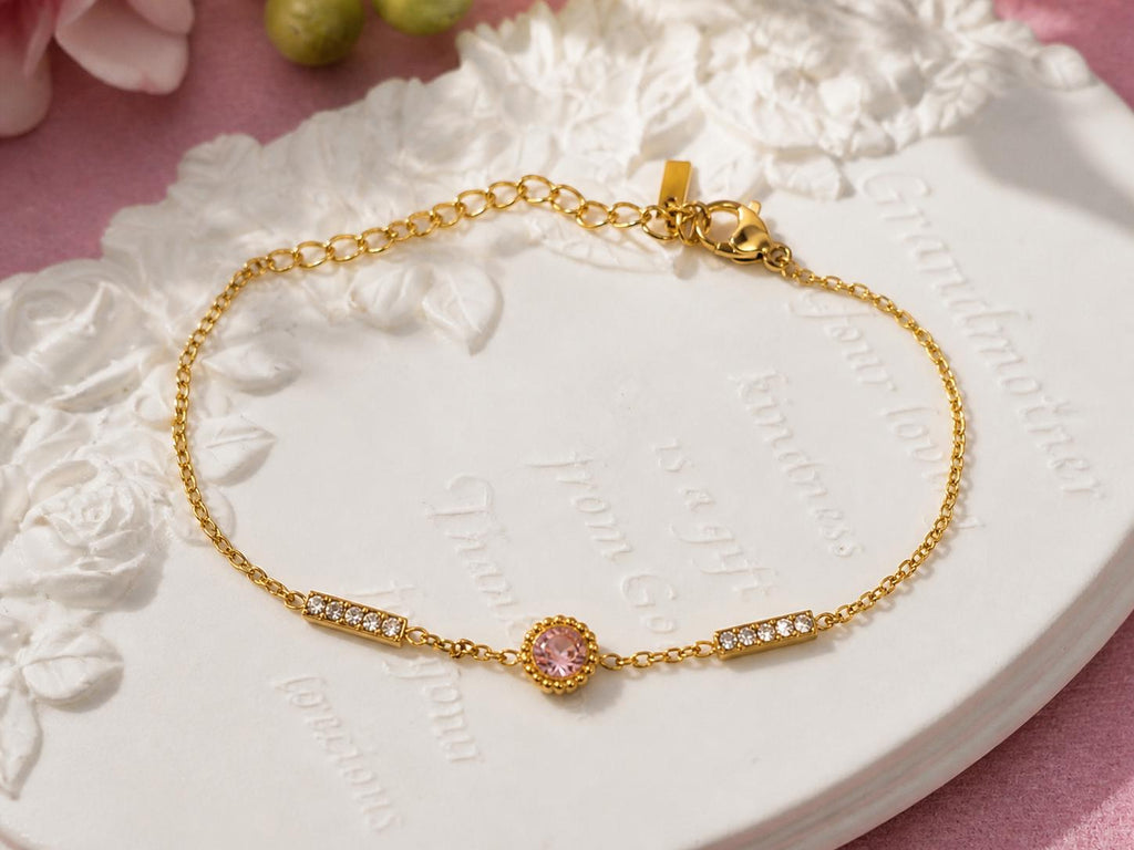 18K Gold Plated Pink CZ Bar Bracelet – Stainless Steel Chain Jewelry.Dainty Gift