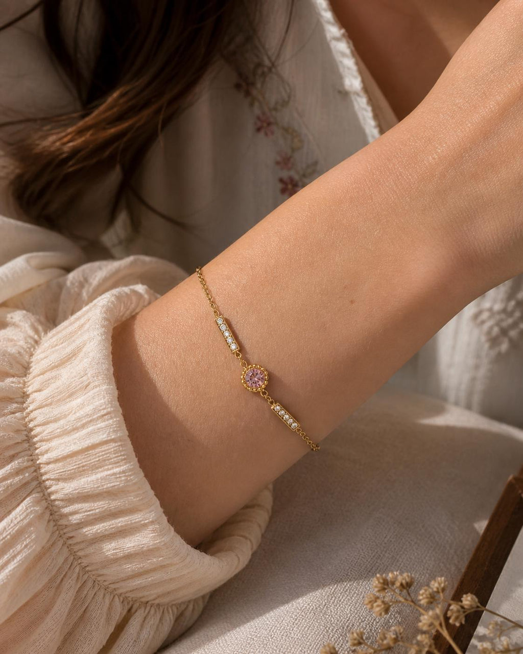 18K Gold Plated Pink CZ Bar Bracelet – Stainless Steel Chain Jewelry.Dainty Gift