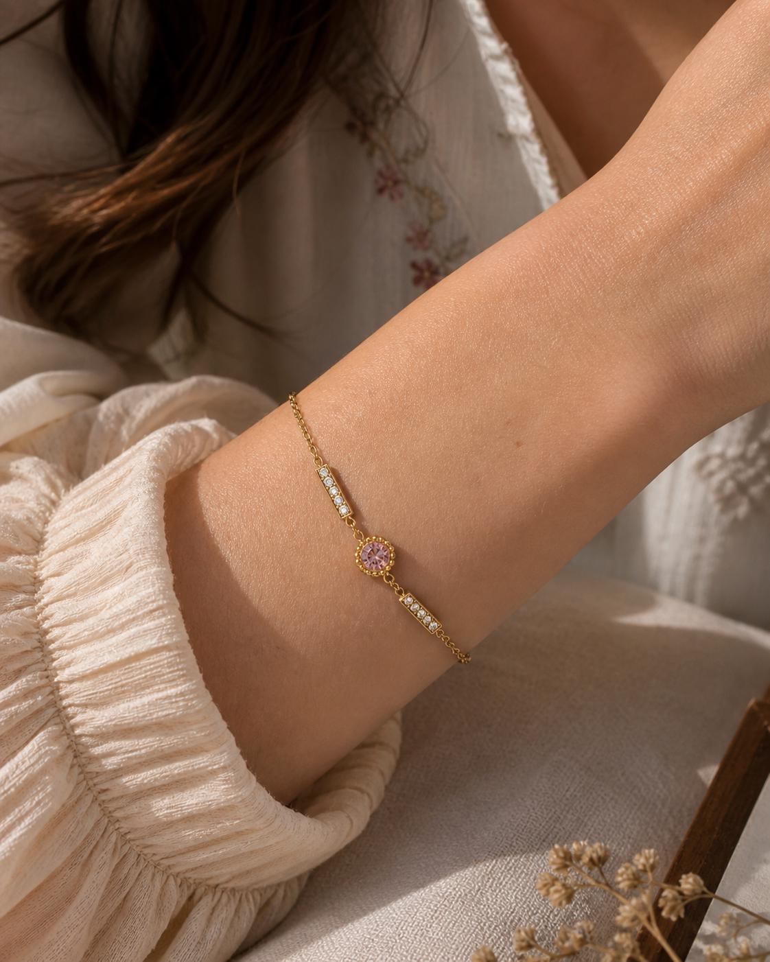 18K Gold Plated Pink CZ Bar Bracelet – Stainless Steel Chain Jewelry.Dainty Gift