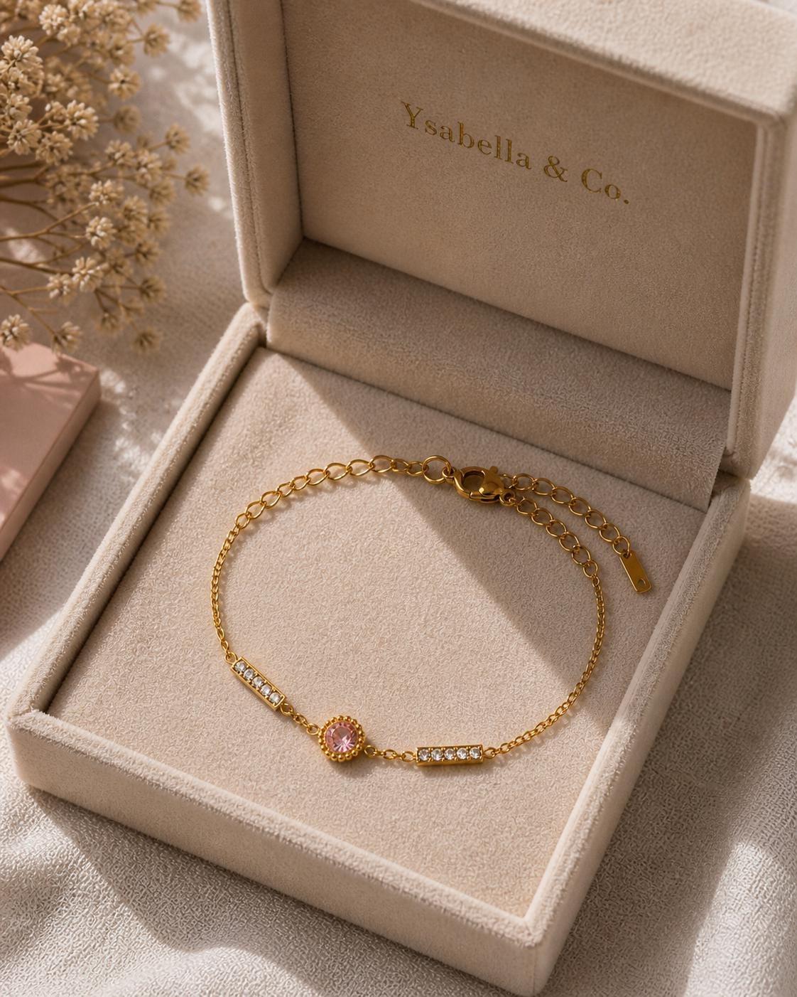 18K Gold Plated Pink CZ Bar Bracelet – Stainless Steel Chain Jewelry.Dainty Gift