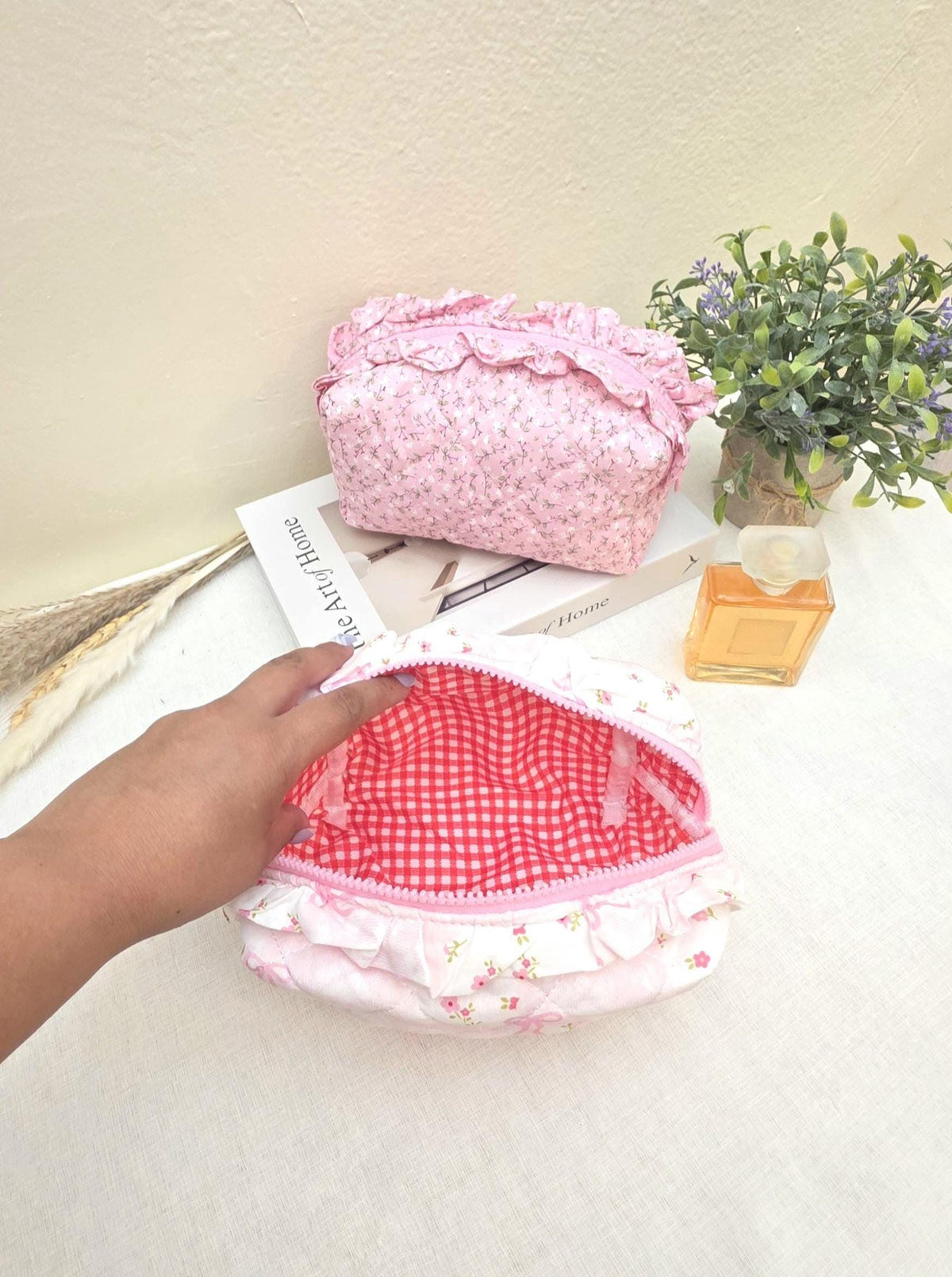 Floral Cosmetic Bag, Pink Ruffle Pouch, Travel Toiletry Organizer