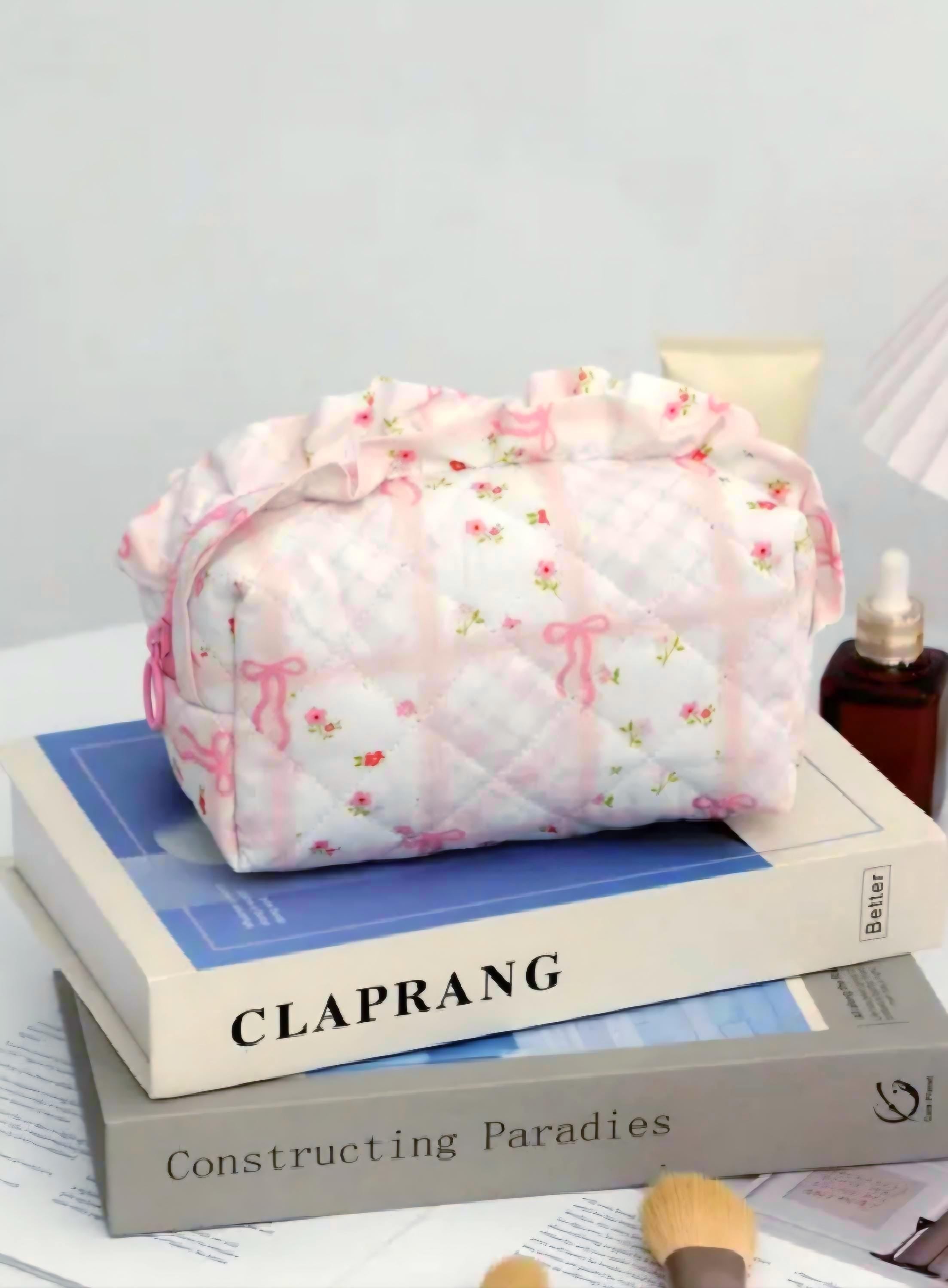 Floral Cosmetic Bag, Pink Ruffle Pouch, Travel Toiletry Organizer