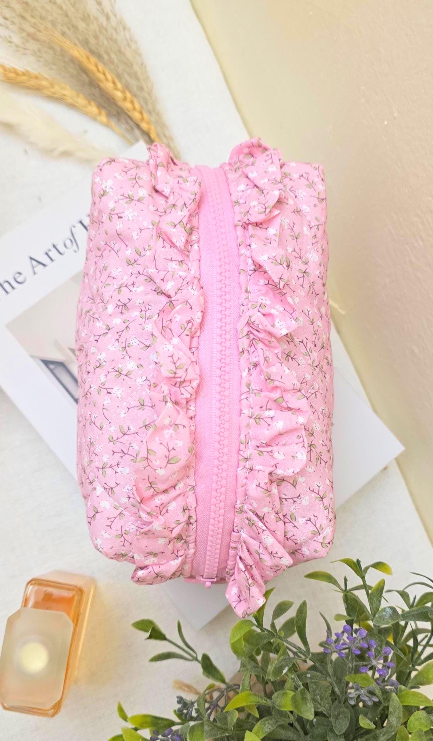 Floral Cosmetic Bag, Pink Ruffle Pouch, Travel Toiletry Organizer